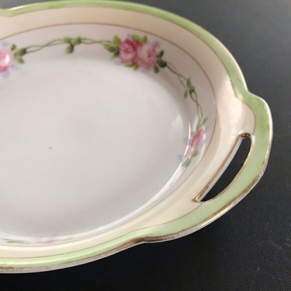 Antique Nippon Hand Painted Pink Rose Gilt Trim Cream & Green Handled Bowl - Picture 8 of 14
